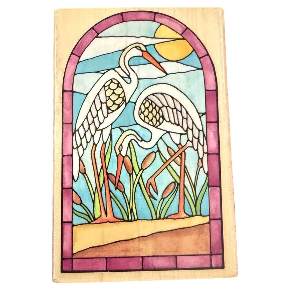Rubber Stampede Stained Glass Cranes Birds A1239F Rubber Stamp
